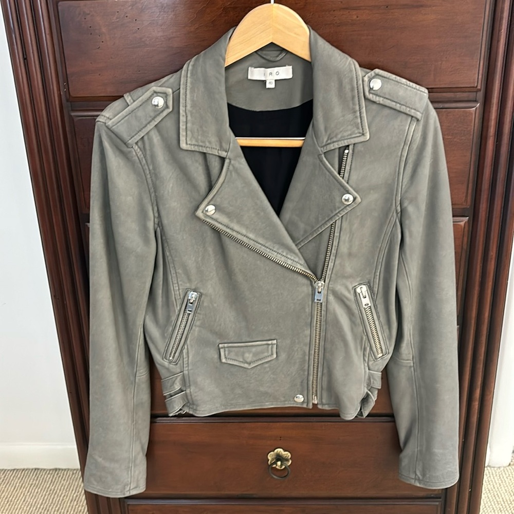 IRO ASHVILLE cropped soft grey leather lambskin jacket asymmetrical zip closure